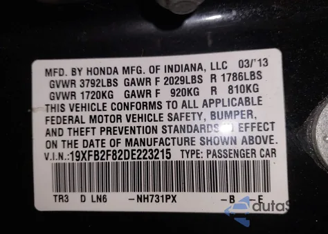 2013 Honda Civic Ex z USA, uszkodzony, nr VIN 19XFB2F82DE223215